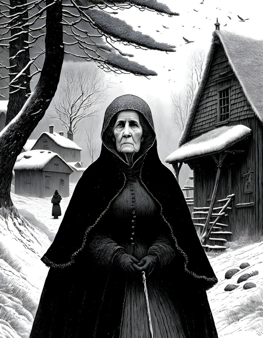 Elderly woman in cloak in snowy landscape with bare trees and wooden house.