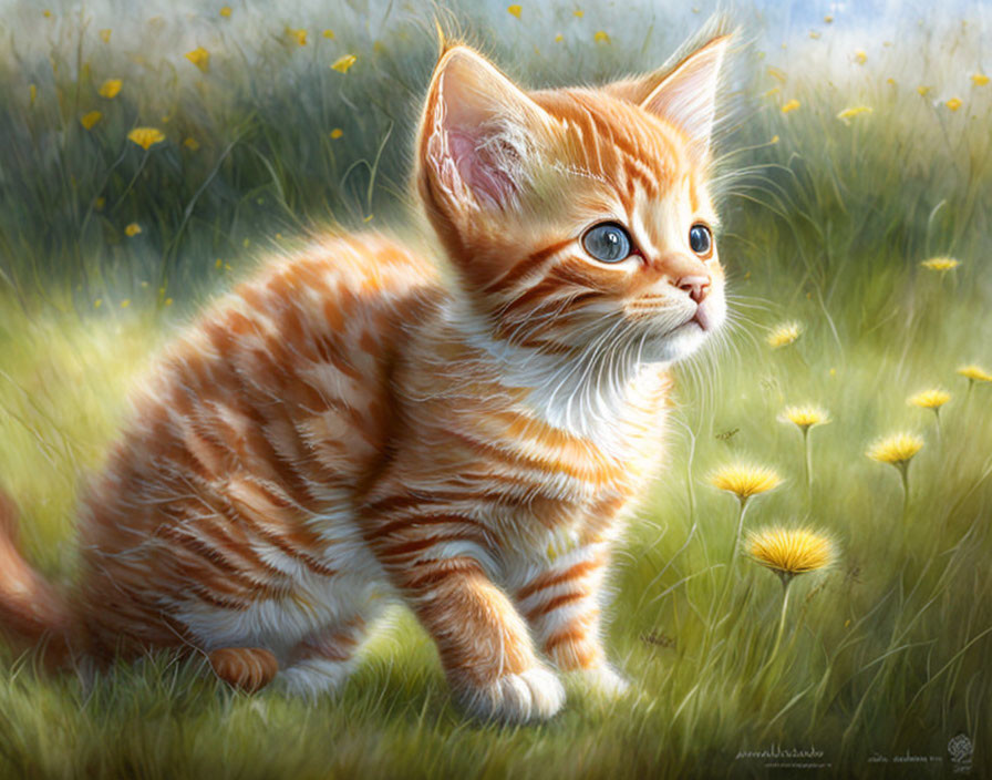 Orange Tabby Kitten with White Markings in Grassy Field with Yellow Flowers