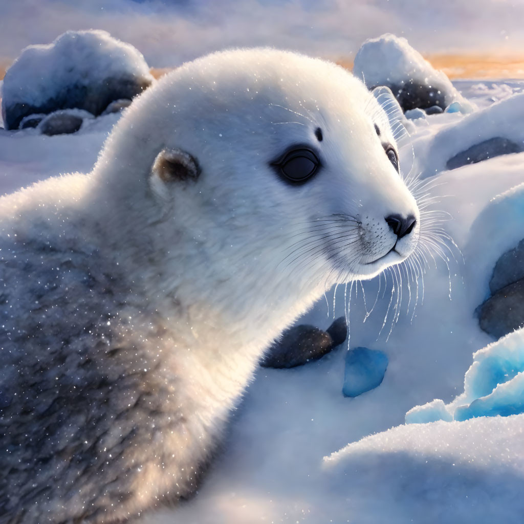 White Baby Seal Resting on Snowy Landscape Among Ice Rocks