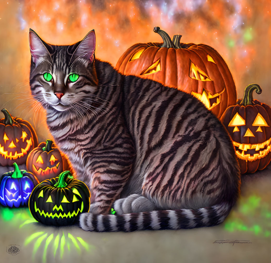 Striped Cat with Green Eyes Beside Jack-o'-lanterns in Autumn Setting