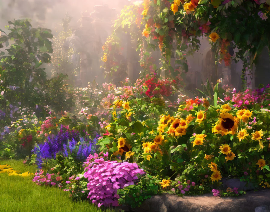 Lush multicolored garden under soft sunlight with mist backdrop