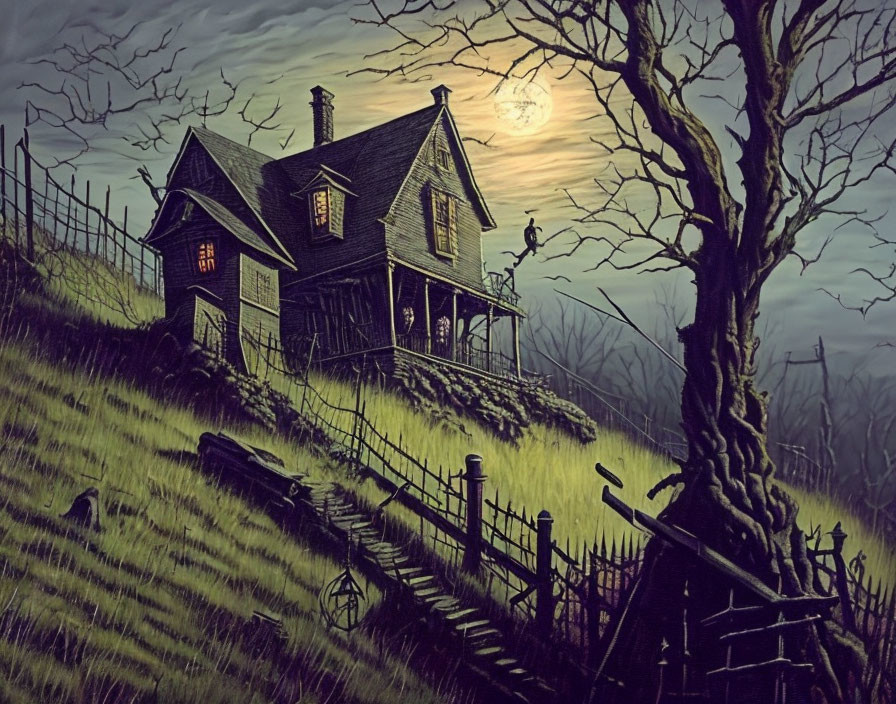 Spooky old house on moonlit night with weather vane, dilapidated fence, overgrown