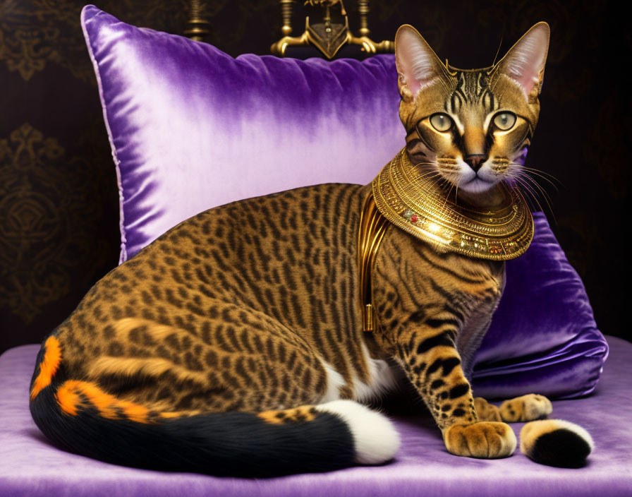 Regal Bengal Cat in Golden Collar on Purple Satin Cushion