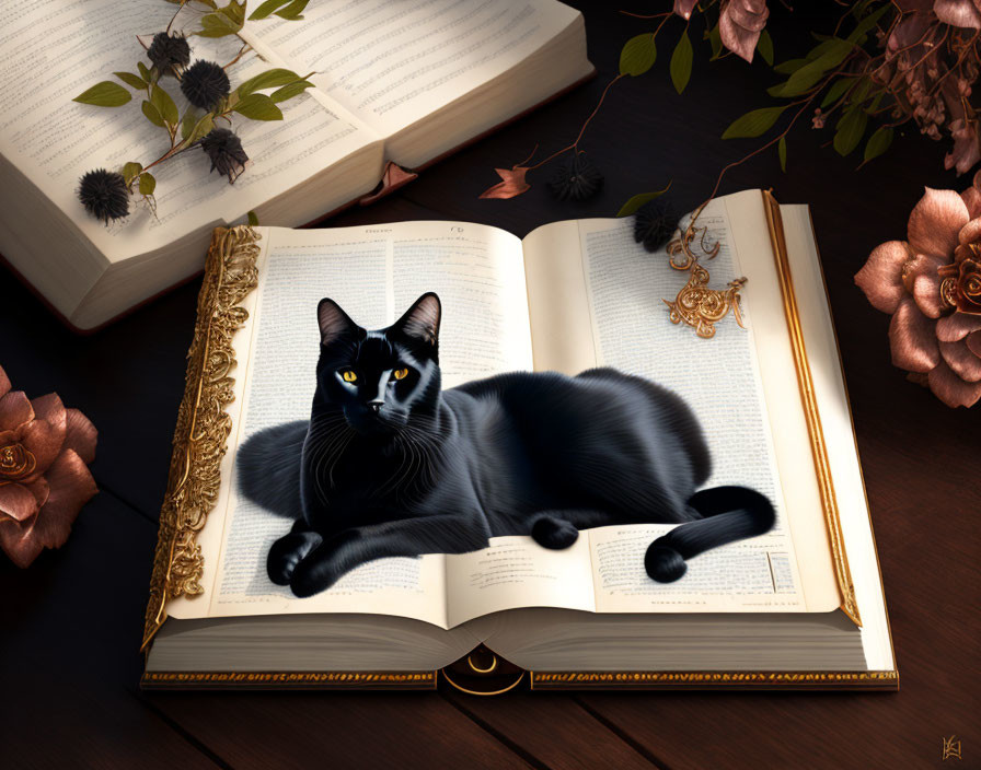 Black Cat with Striking Eyes Resting on Open Book and Books with Dried Flowers