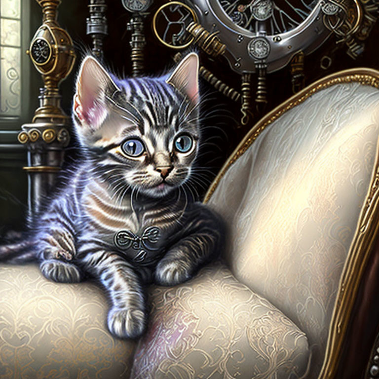 Blue-eyed striped kitten on fancy cushion with steampunk gears.