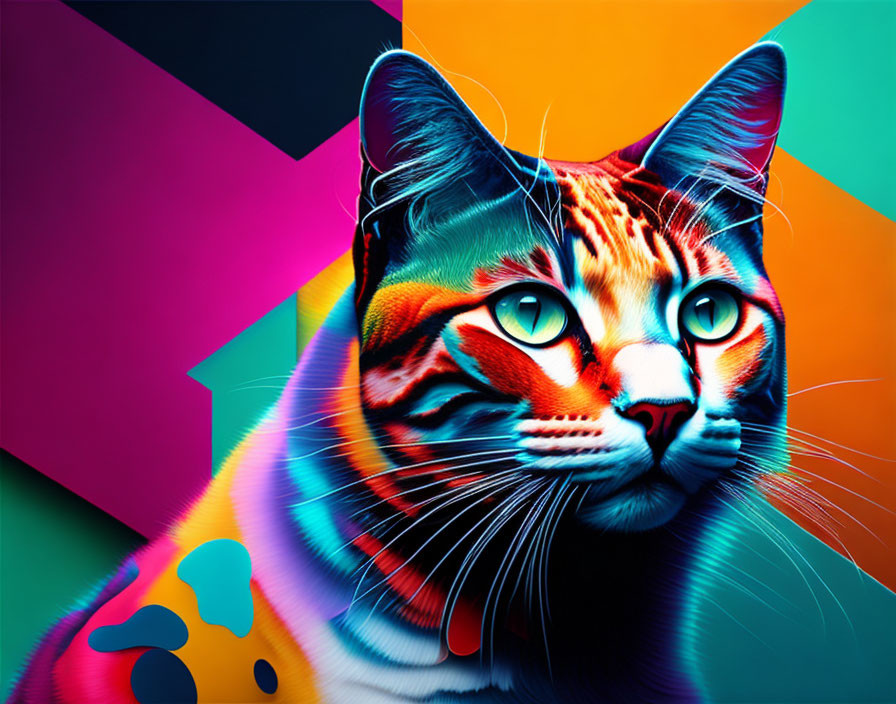 Colorful Digital Artwork: Cat with Multicolored Fur on Geometric Background