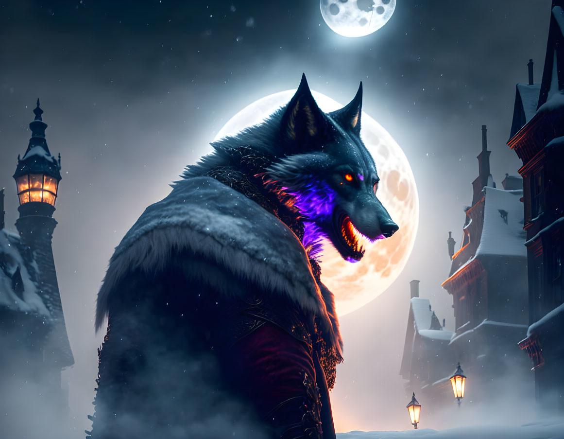 Foreboding werewolf in snowy village under full moon.