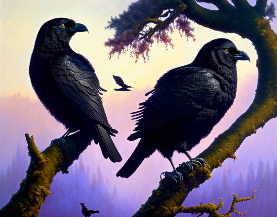 Ravens on branch with purple sky and flying bird among twisted branches