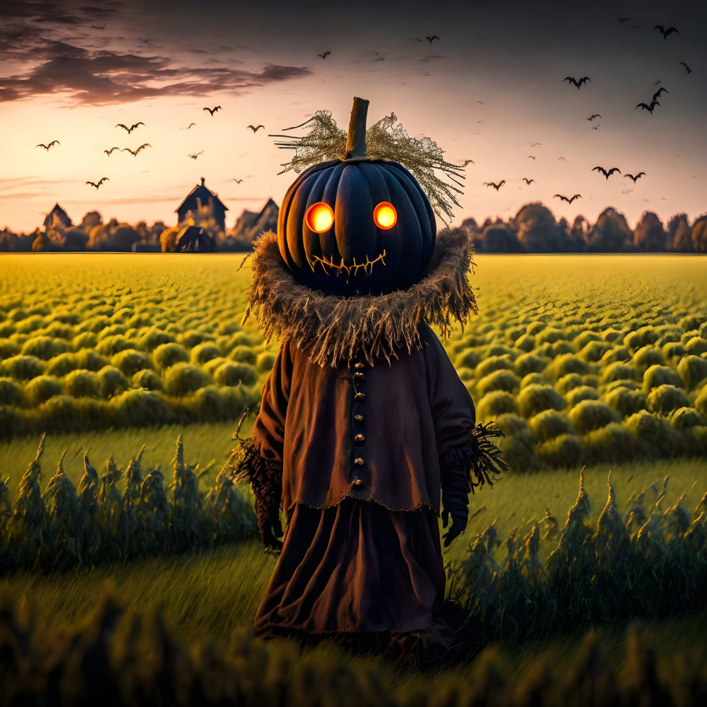 Spooky scarecrow with jack-o'-lantern head in field at sunset