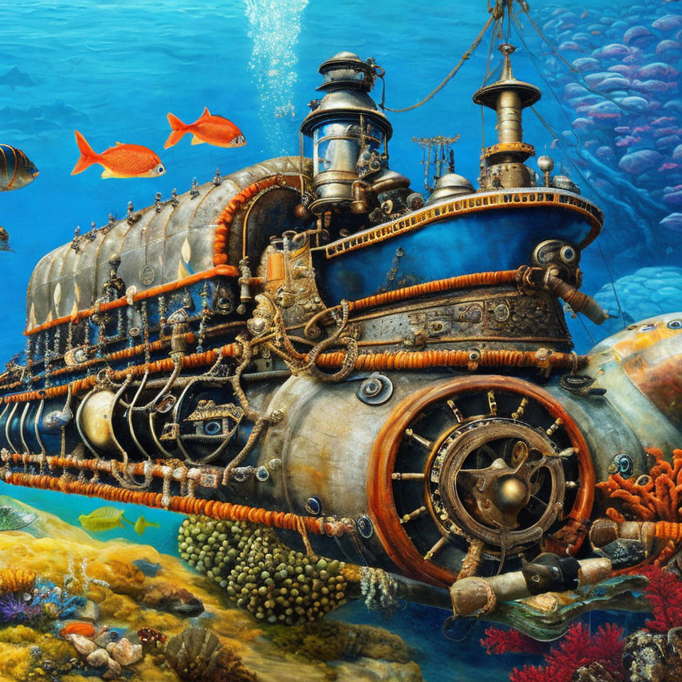 Steampunk-style submarine in vibrant coral reef with fish.