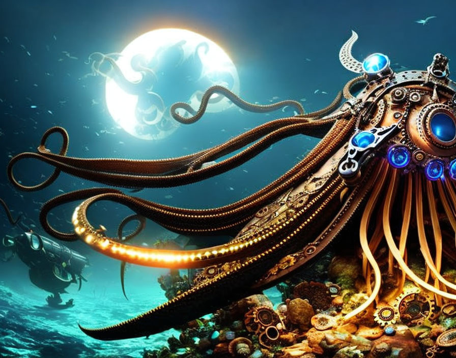 Steampunk-style octopus underwater with glowing blue elements and moon in background