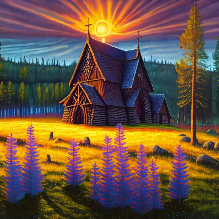 Traditional stave church painting: Sunset scene with purple flowers, forest, and glowing sun