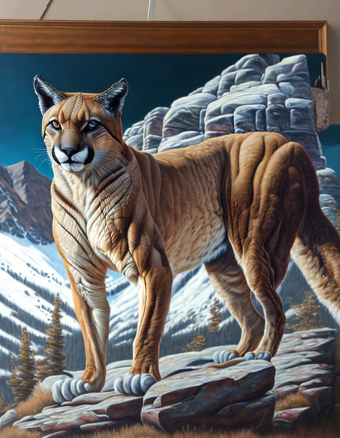 Muscular cougar on rocky ledge with snowy mountain landscape