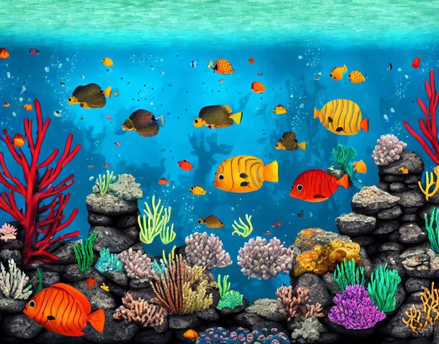 Vibrant underwater illustration with tropical fish and coral reefs