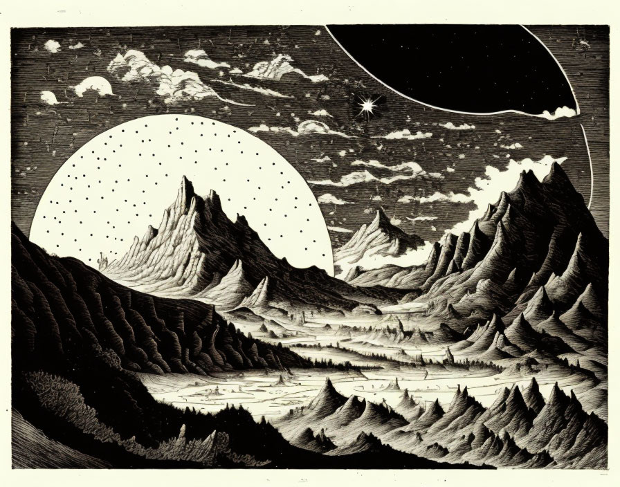 Monochrome night mountain landscape with full moon and shooting star