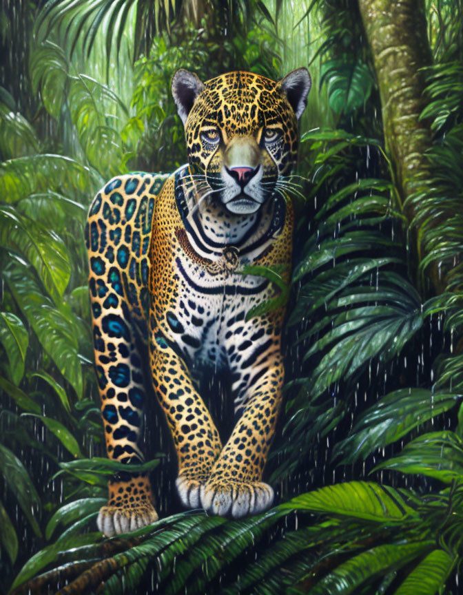 Spotted jaguar in lush rainforest setting