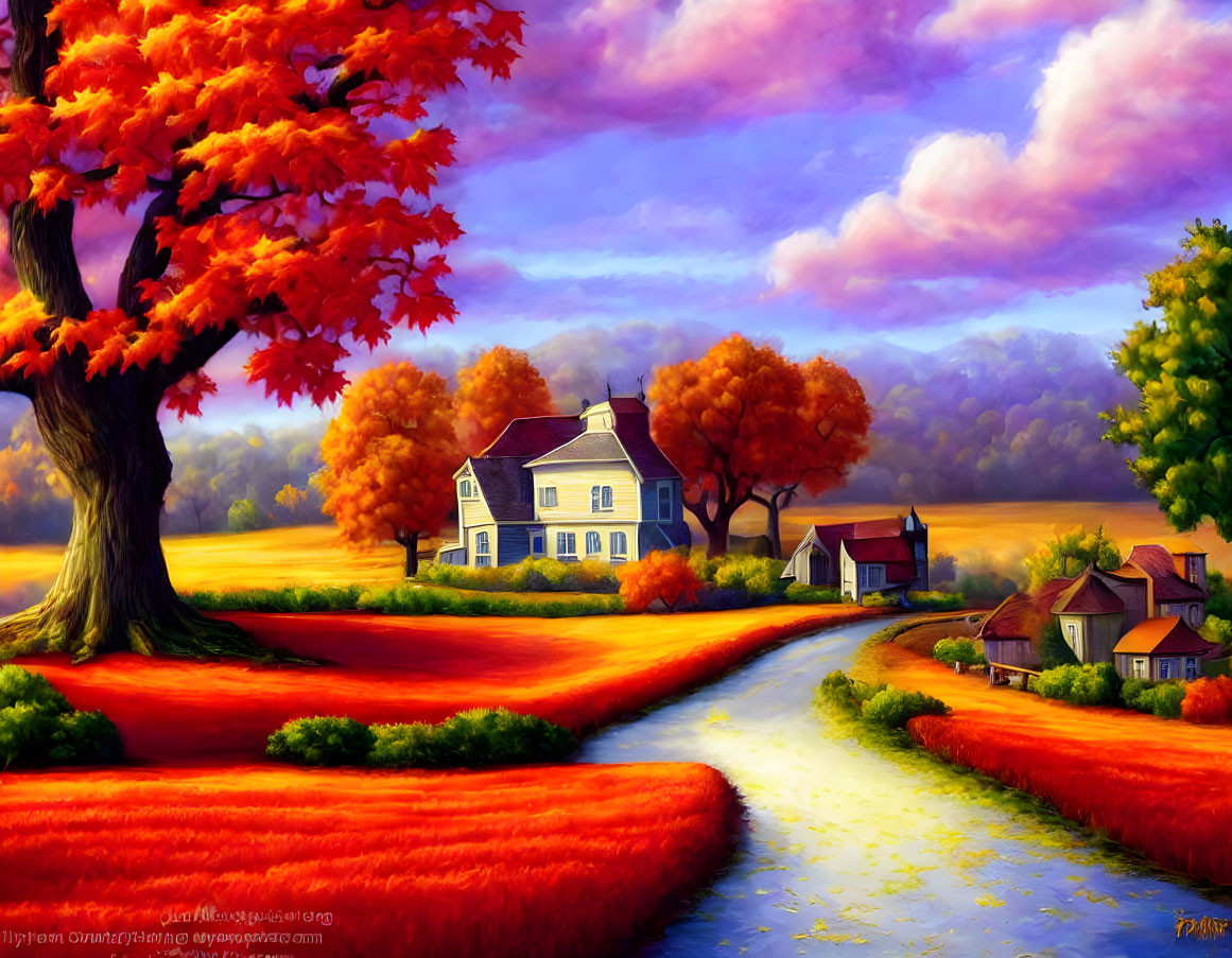 Scenic autumn landscape with winding path and white house