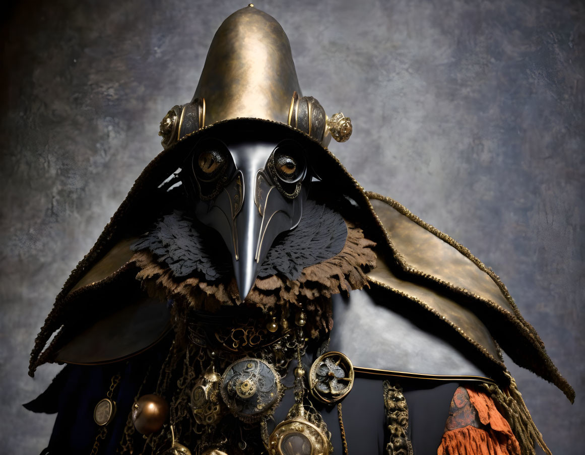 Steampunk plague doctor costume with beaked mask and brass goggles