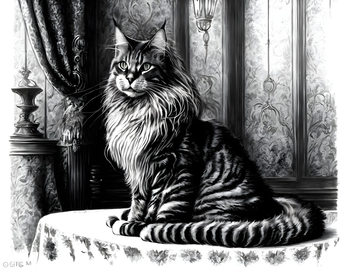 Striped long-haired cat on table in vintage room with rich decor