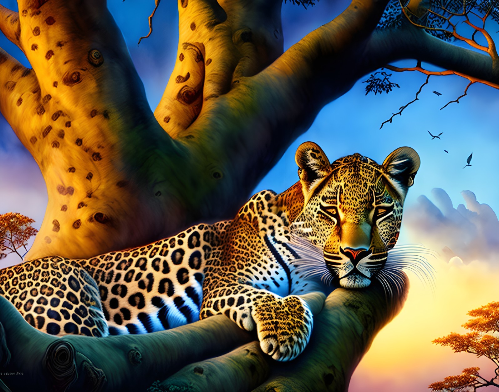 Leopard resting on tree branch at sunset with birds and trees.