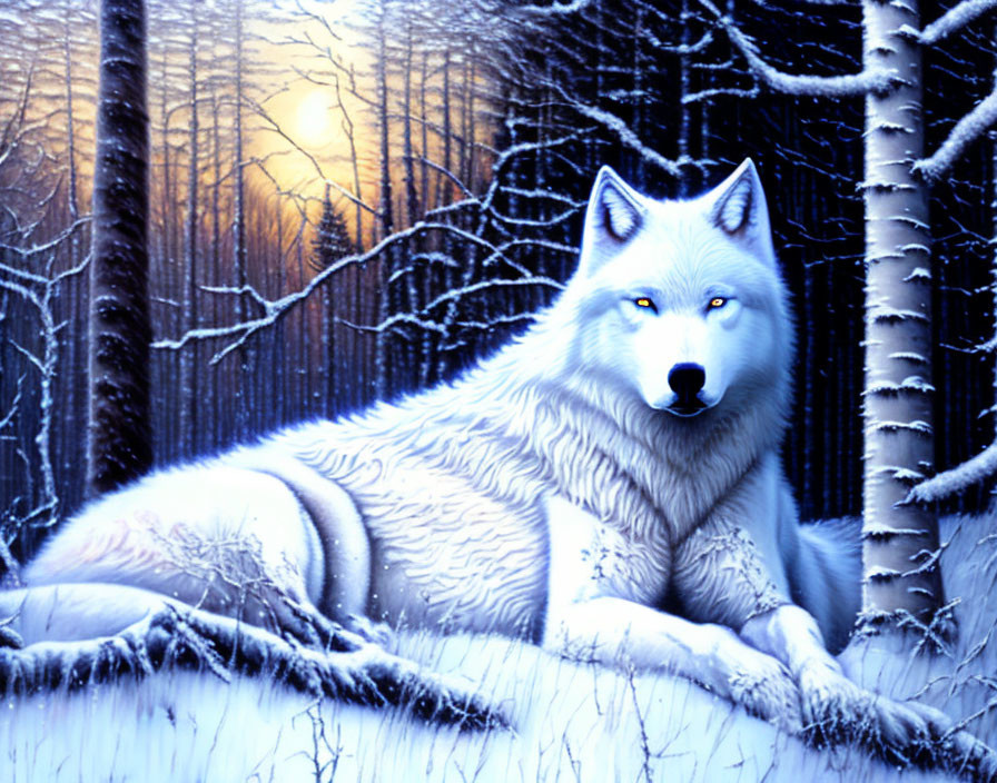 White Wolf Resting in Snowy Forest at Sunset