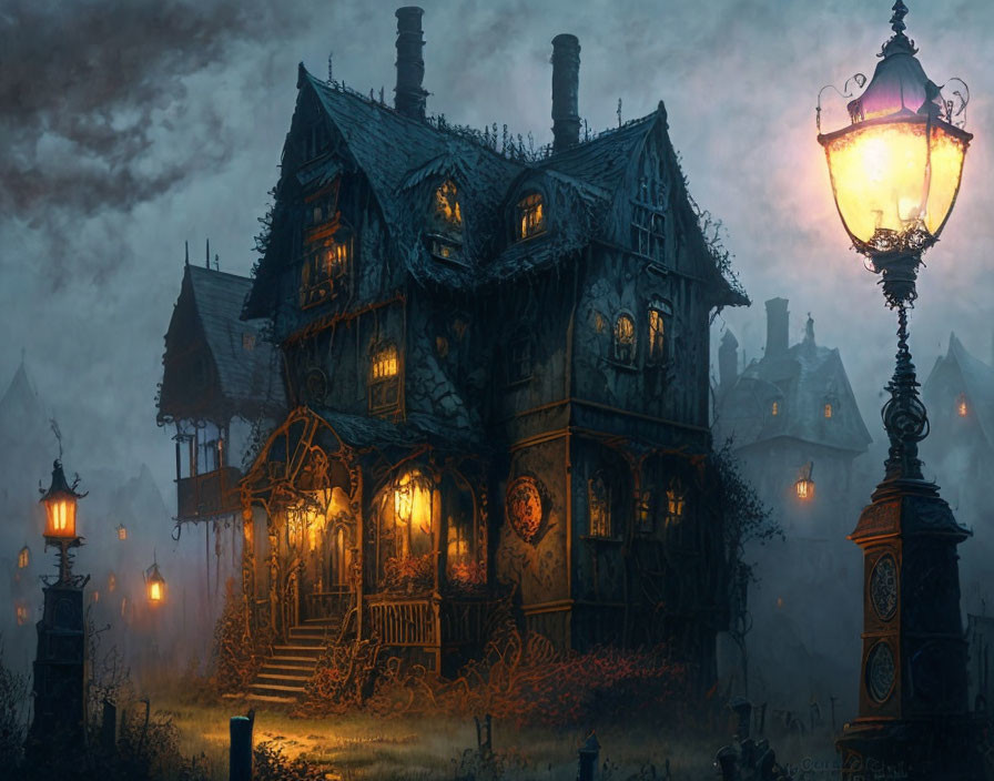 Victorian house in misty night scene with glowing street lamp