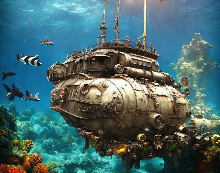 Steampunk-style submarine in vibrant coral reef with fish