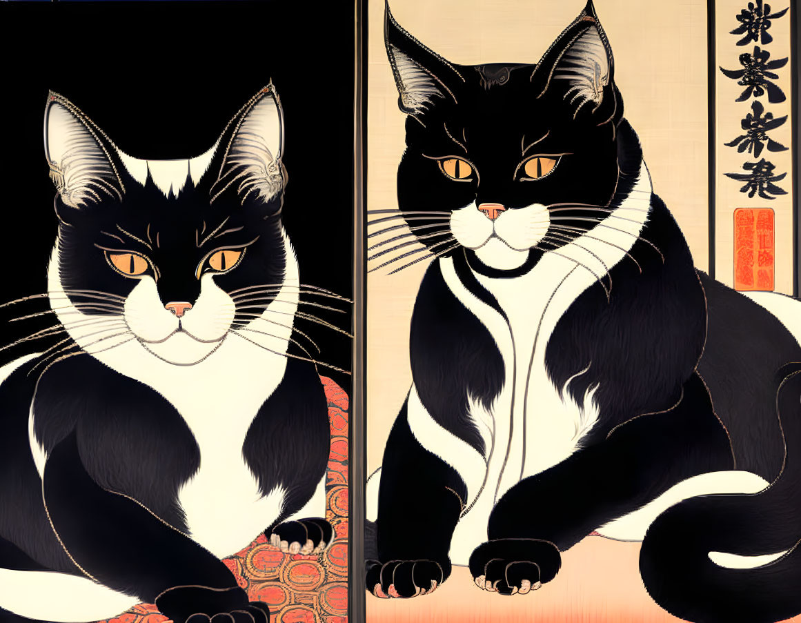 Stylized black and white cats in Japanese setting