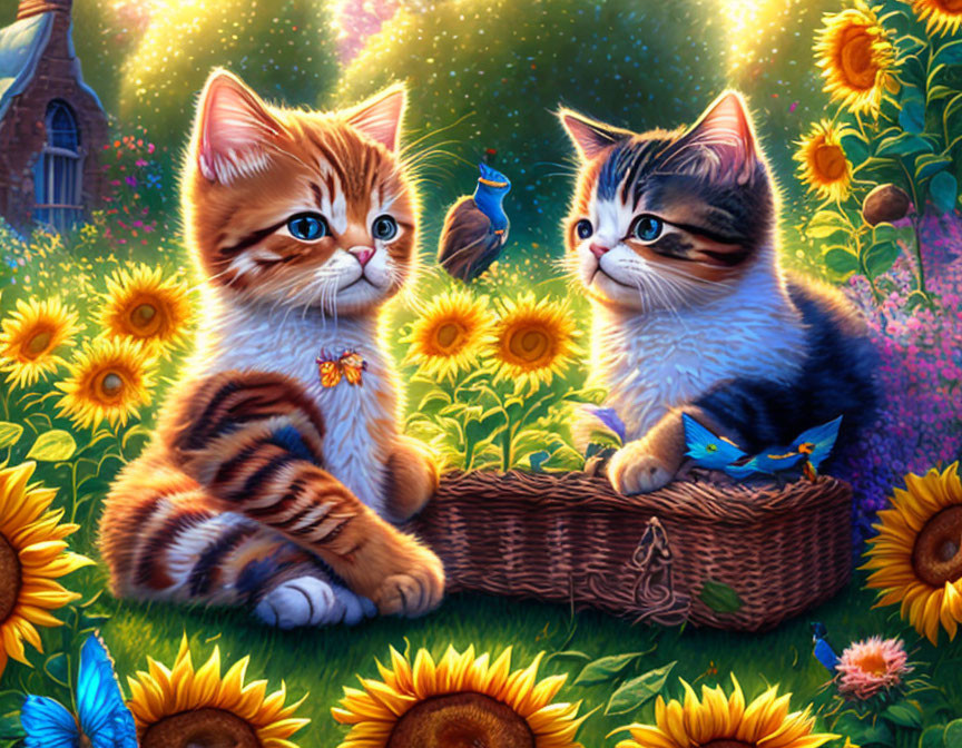 Adorable kittens in sunflower and butterfly garden scene