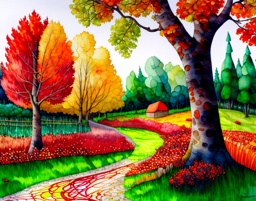 Colorful autumn landscape with winding path and red-roofed house