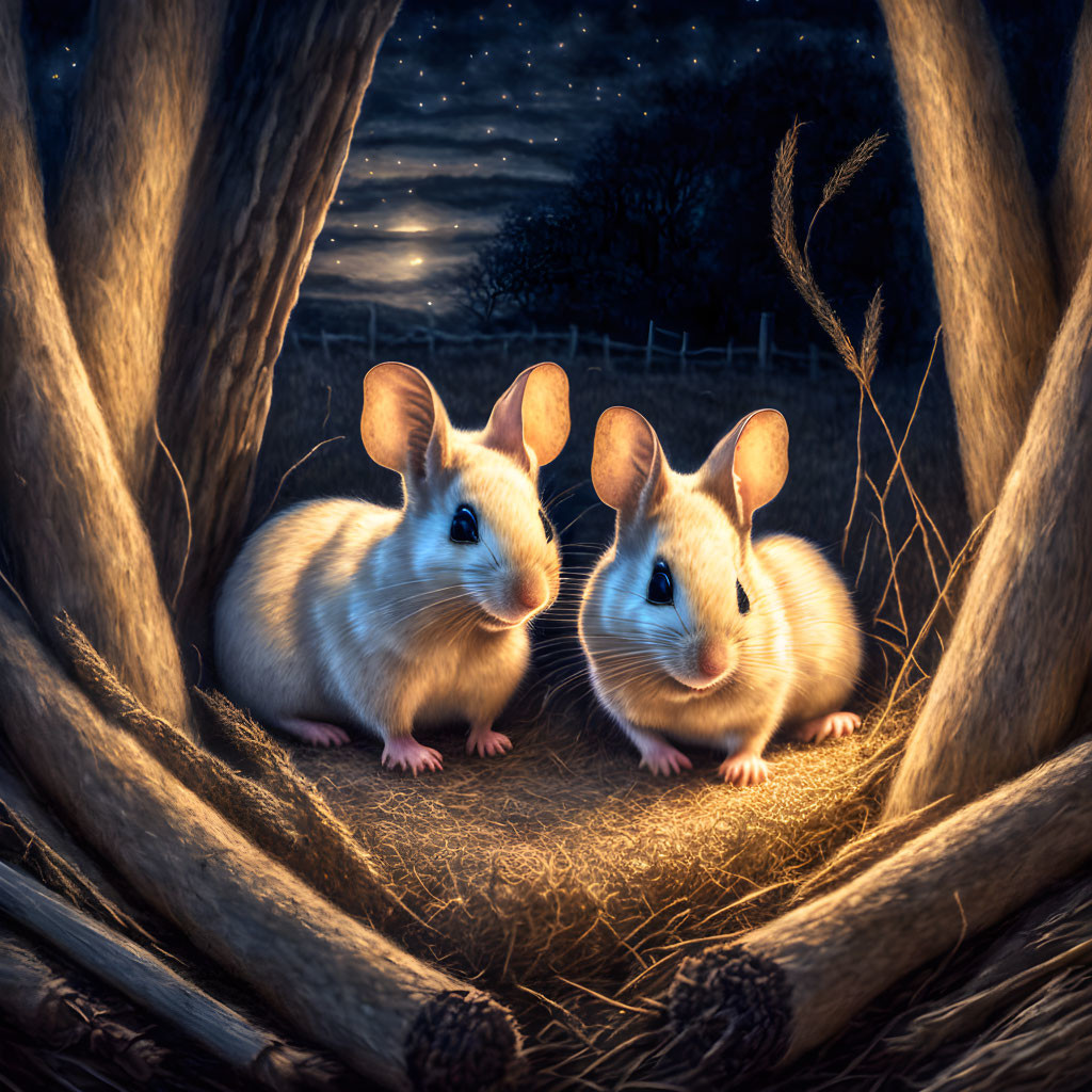 Glowing mice in moonlit log under starry sky