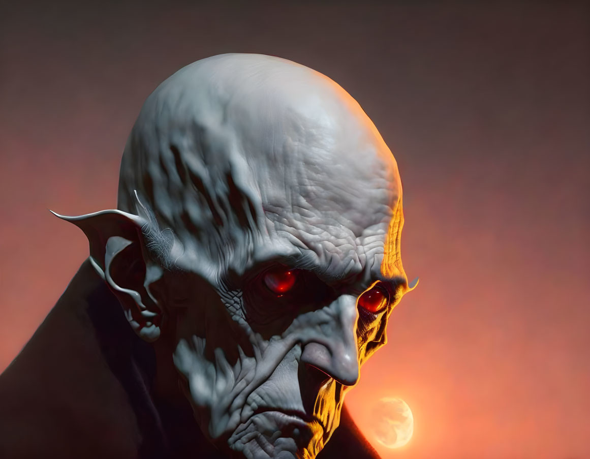 Bald-headed creature with red eyes on moody backdrop