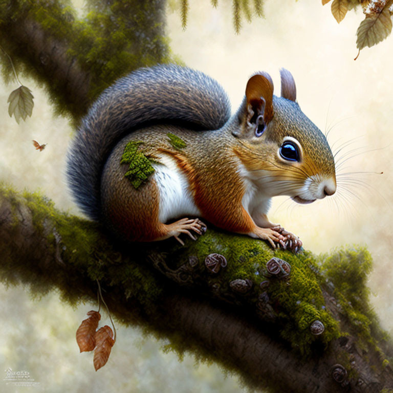 Detailed illustration: Squirrel on mossy branch with floating leaves