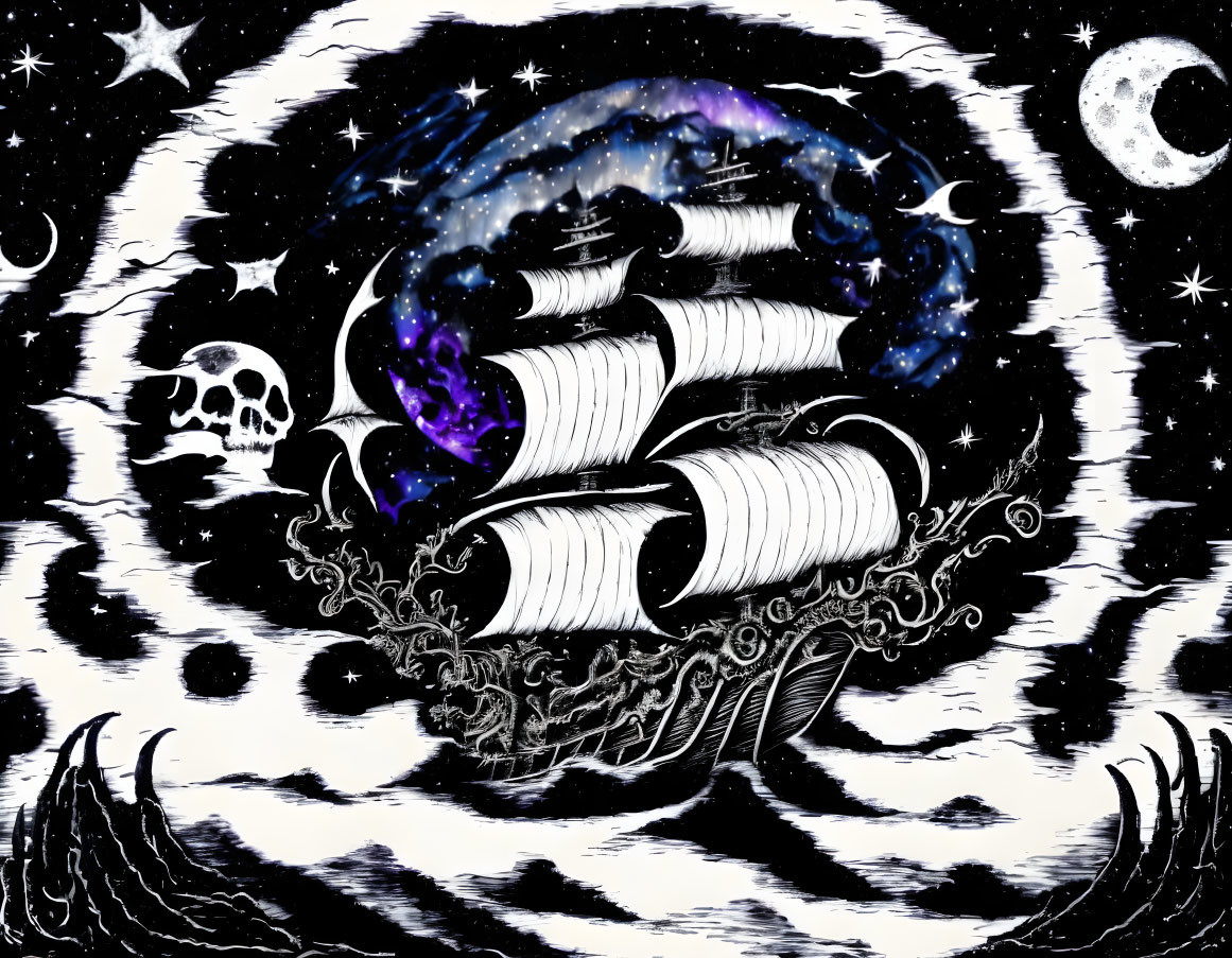 Monochromatic stylized sailing ship with cosmic elements