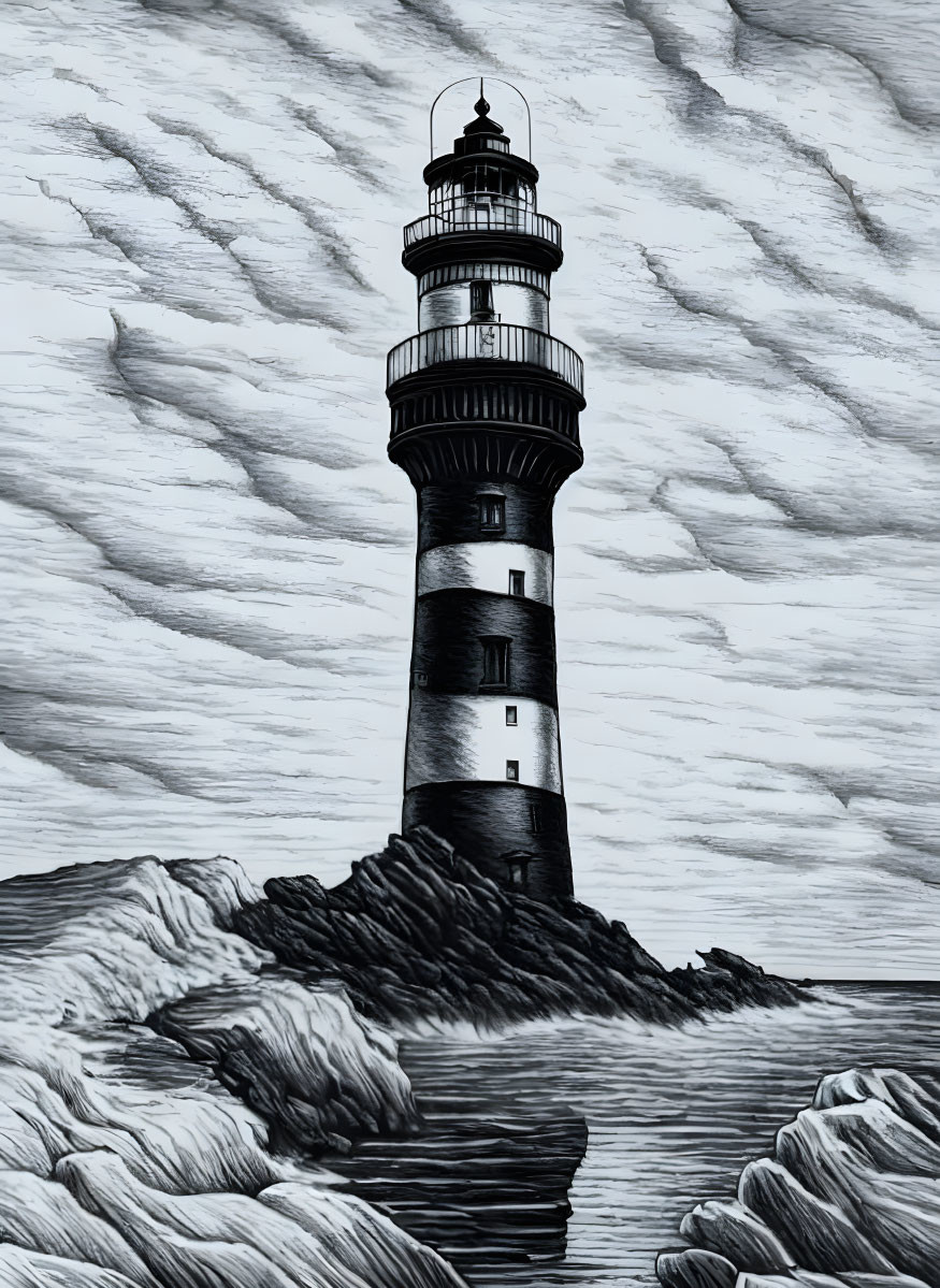 Monochrome illustration: Towering lighthouse on rocky terrain under streaked sky.