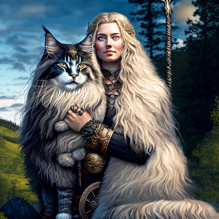 Fantasy illustration of woman with white hair and cat in medieval attire.