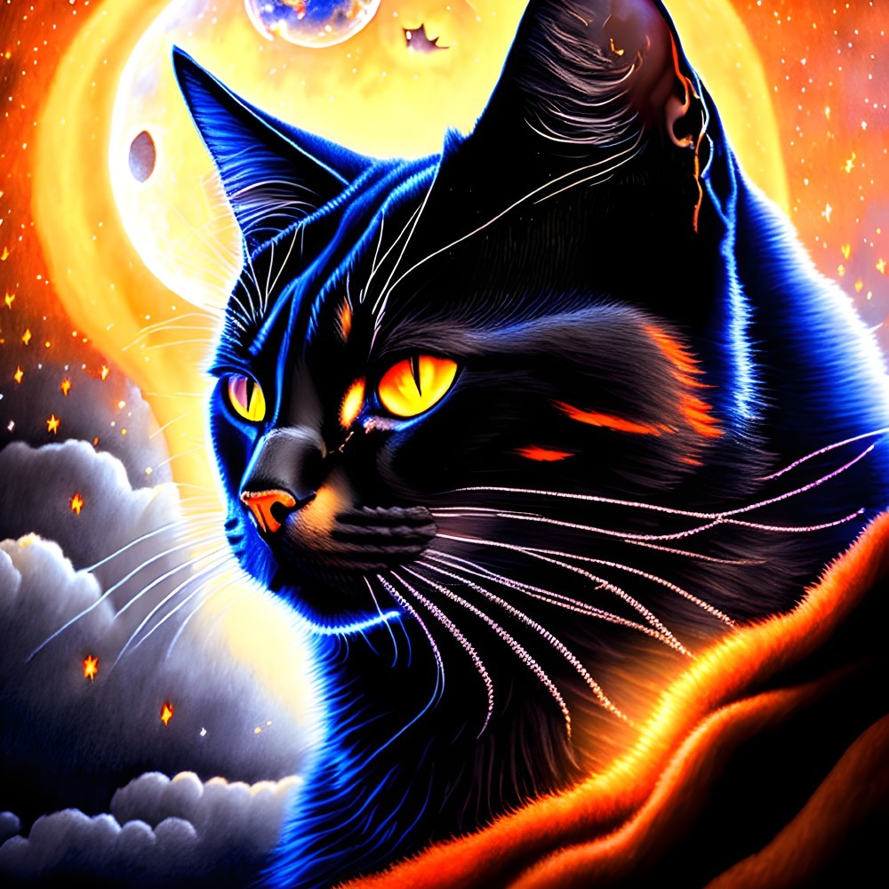 Colorful digital artwork: Black cat with glowing orange eyes in cosmic setting