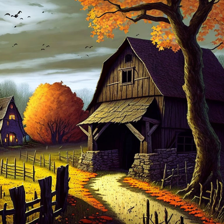 Rustic autumn landscape with old barn, fallen leaves, cobblestone path, and birds at