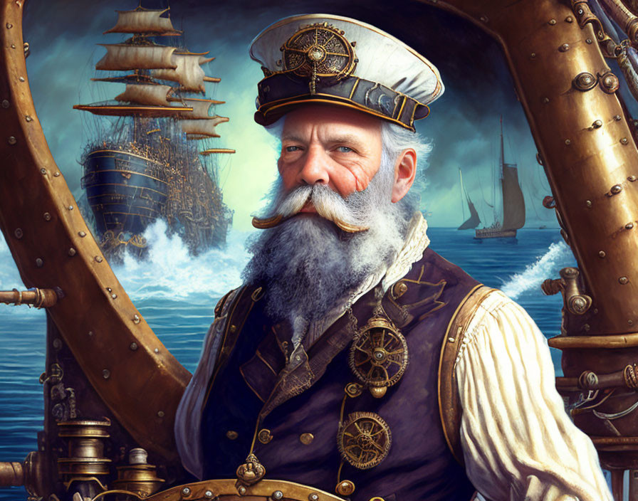 Steampunk-themed captain with white beard and brass gear decorations on sailing ships backdrop