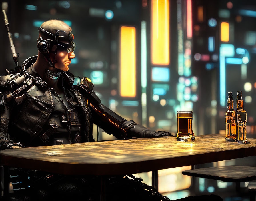 Futuristic soldier in combat gear at bar with neon cityscape.