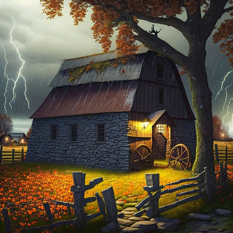 Stone barn in stormy sky with lightning, orange flowers, fence, and tree