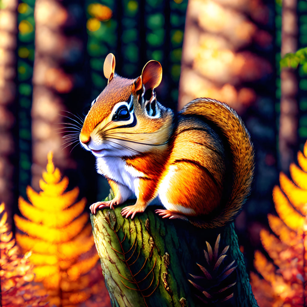 Colorful Chipmunk on Stump with Autumn Ferns in Sunlight