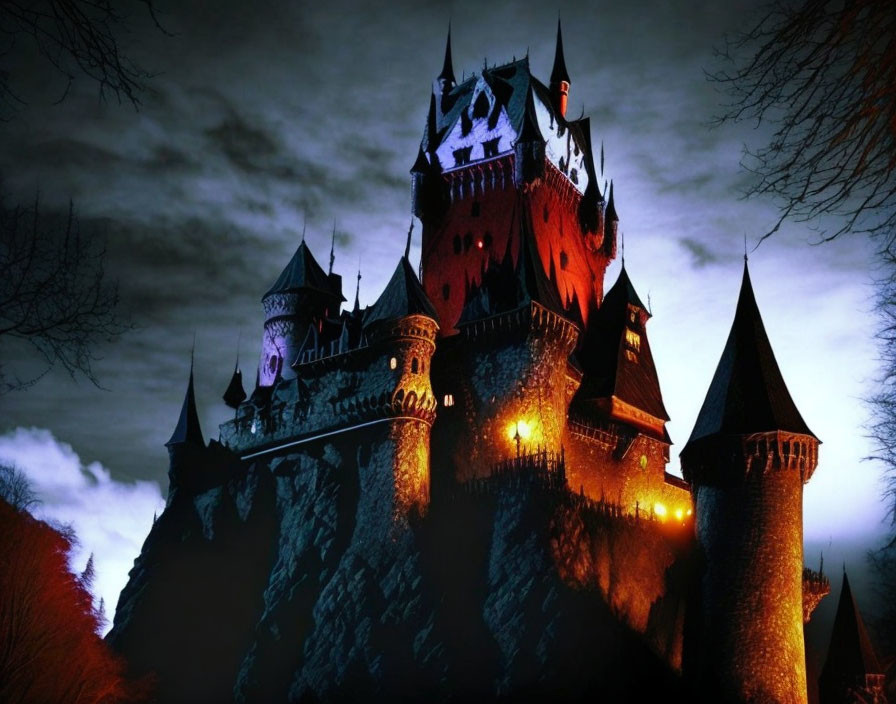 Gothic castle at night with illuminated windows against dark, moody sky