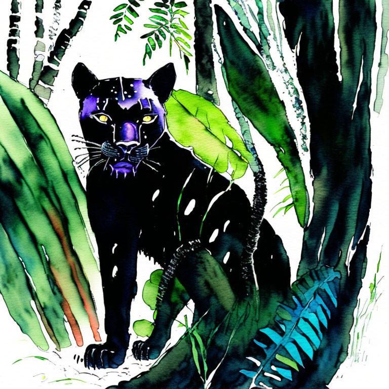 Black Panther Watercolor Painting in Lush Jungle