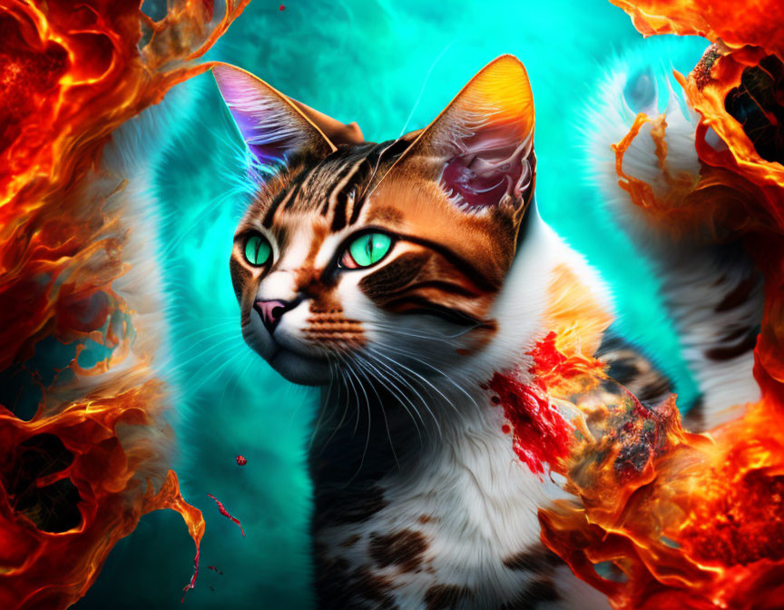 Vibrant digital art: Cat with fiery markings and green eyes