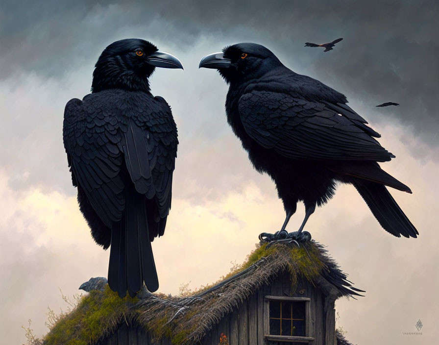 Pair of ravens on moss-covered cabin roof under moody sky.