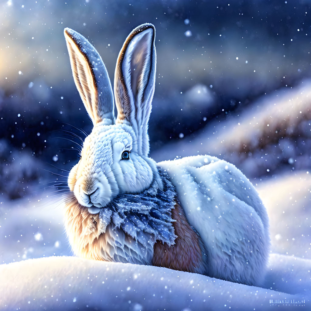 White rabbit with long ears in blue scarf in snowy landscape