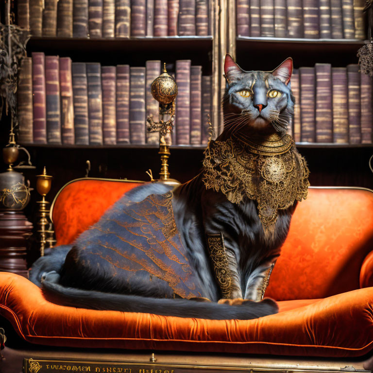 Majestic black cat with blue eyes on vintage gold lace collar resting on antique red sofa among classic