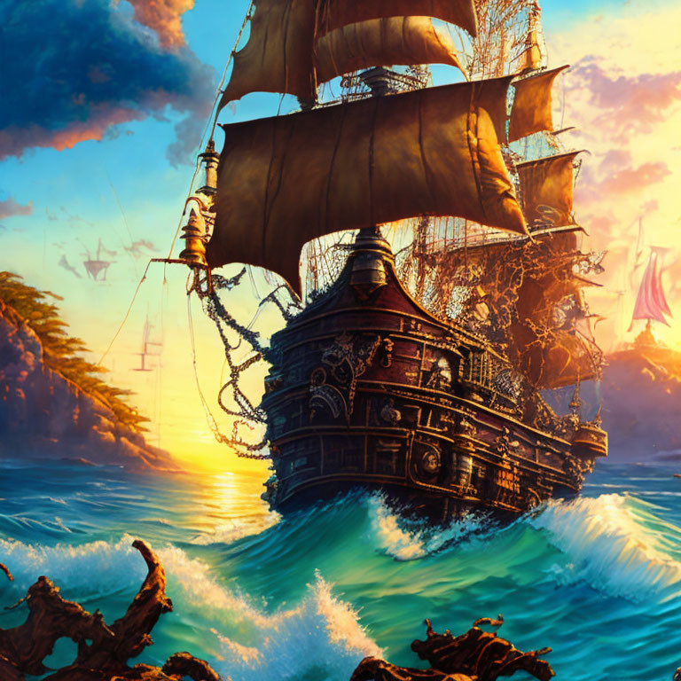 Sailing ship with billowing sails navigating tumultuous ocean waves at sunset