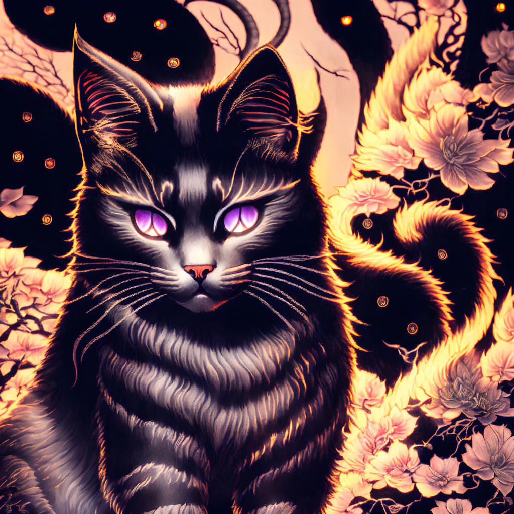 Stylized black cat with purple eyes in floral setting